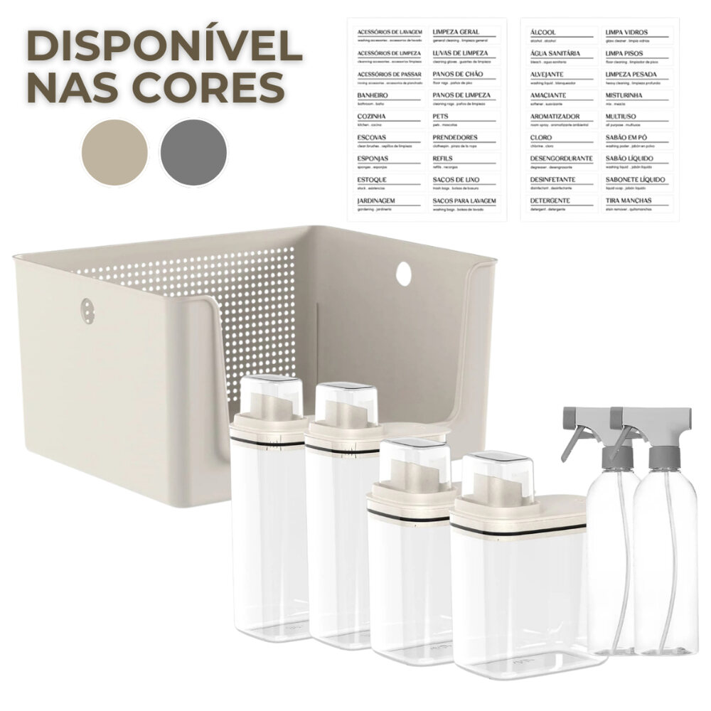 Kit para lavanderia com cesto, organizadores, dispensers e borrifador